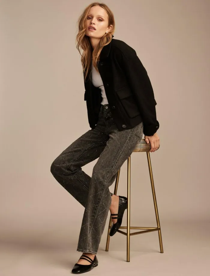 Cropped Boucle Jacket 001 Black Women Lucky Brand Jackets and Outerwear
