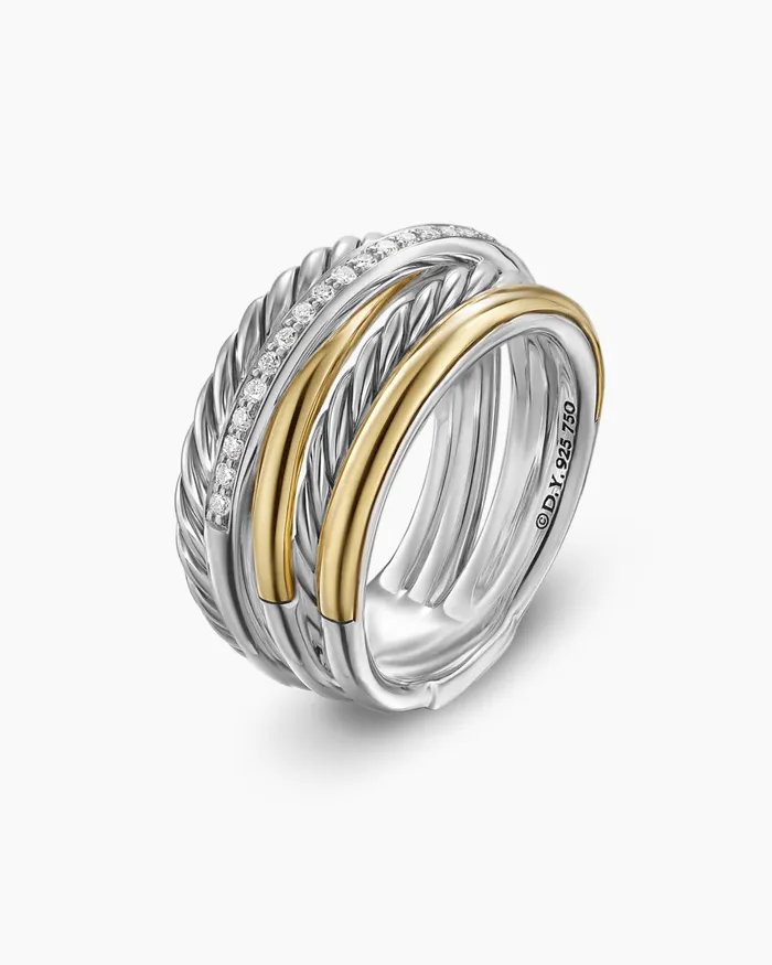 Crossover Five Row Ring In Sterling Silver With 18K Yellow Gold And Diamonds 11mm Women David Yurman Band