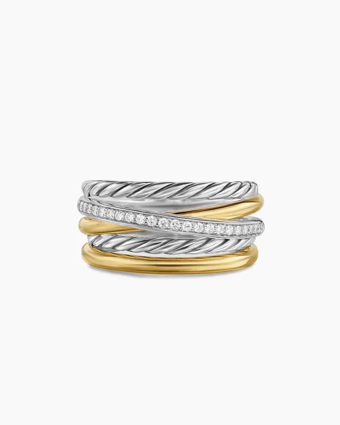 Crossover Five Row Ring In Sterling Silver With 18K Yellow Gold And Diamonds 11mm Women David Yurman Band