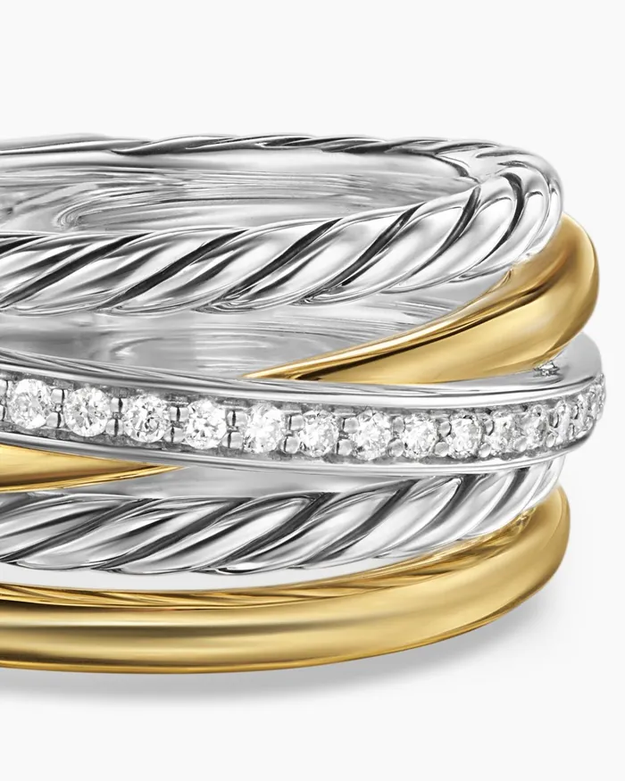 Crossover Five Row Ring In Sterling Silver With 18K Yellow Gold And Diamonds 11mm Women David Yurman Band