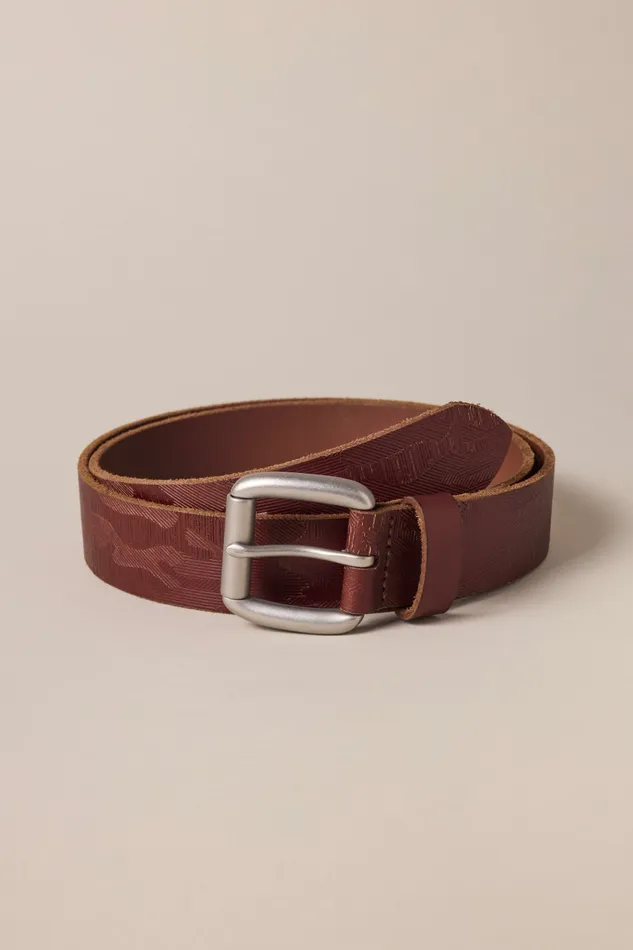 Debossed Camo Pattern Leather Belt Cognac Men Lucky Brand Belts