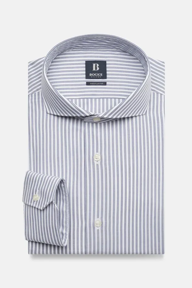 Dress Shirts Men Boggi Milano Regular Fit Sky Blue Striped Cotton Twill Shirt Blue
