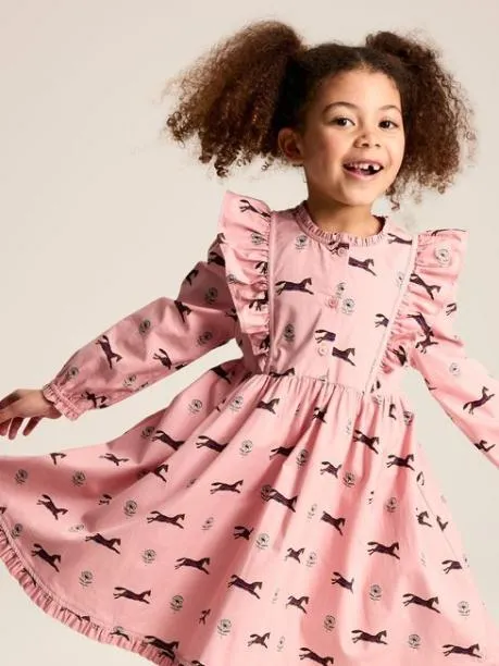 Dresses Girls Joules Pink Horse Print Long Sleeve Frilled Dress
