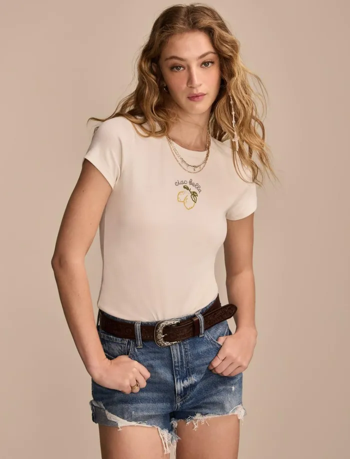 Embroidered Baby Tee Tofu Women Lucky Brand Knit Tops