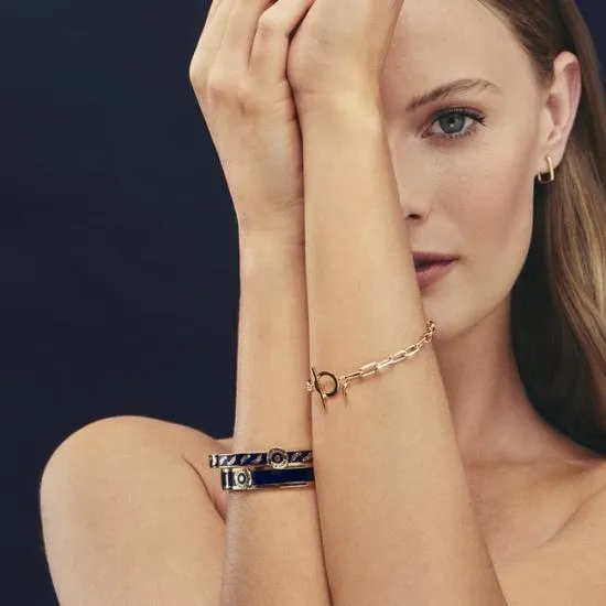 Feather Bangle Navy Enamel On 18ct Gold Plated Women Aspinal Of London Bangles and Bracelets