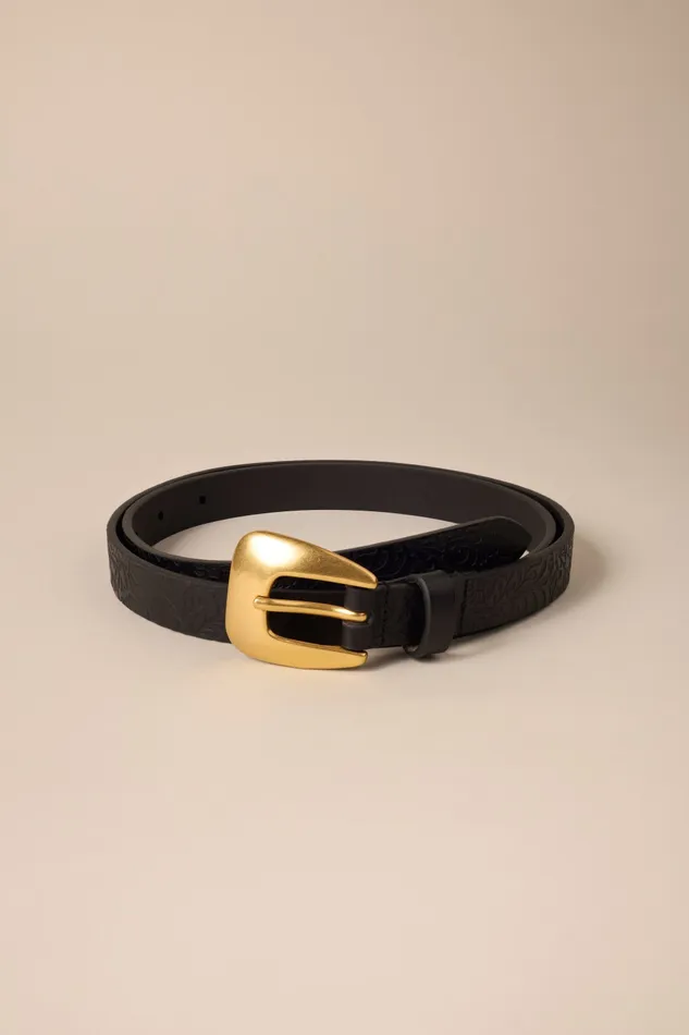 Floral Debossed Skinny Leather Belt Black Women Lucky Brand Belts