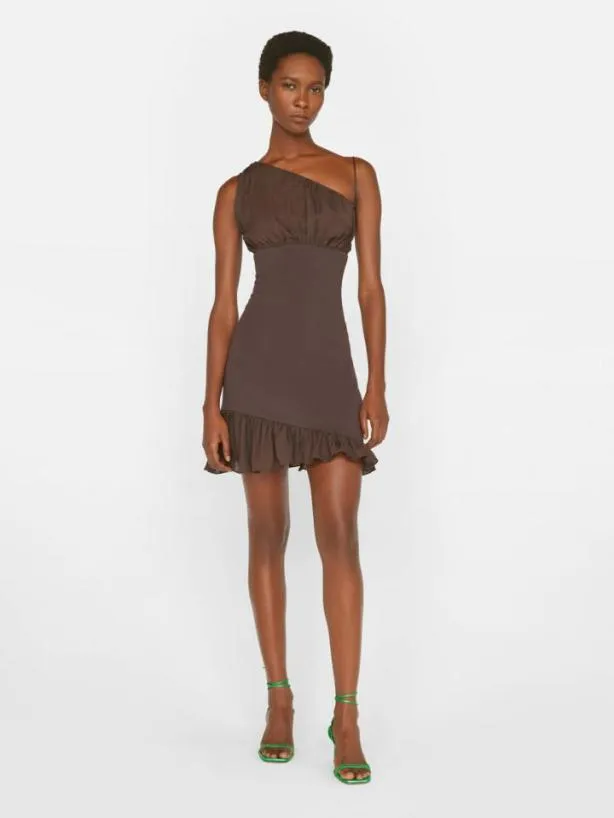 Frame Asymmetrical Mini Dress In Chocolate Brown Chocolate Brown Women Dresses and Jumpsuits