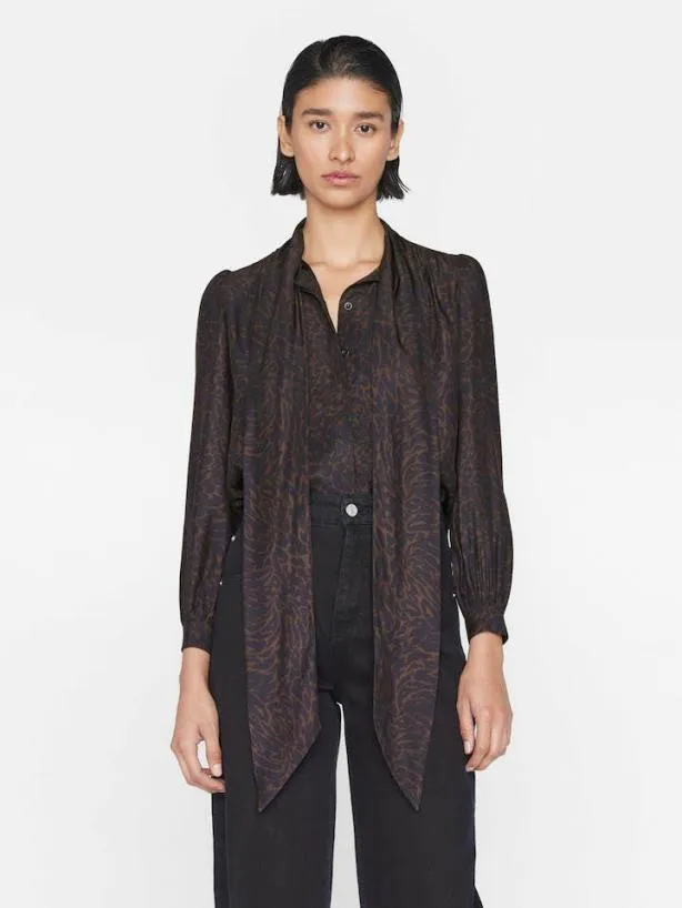 Frame Femme Tie Neck Blouse In Espresso Multi Espresso Multi Women Tops and Blouses