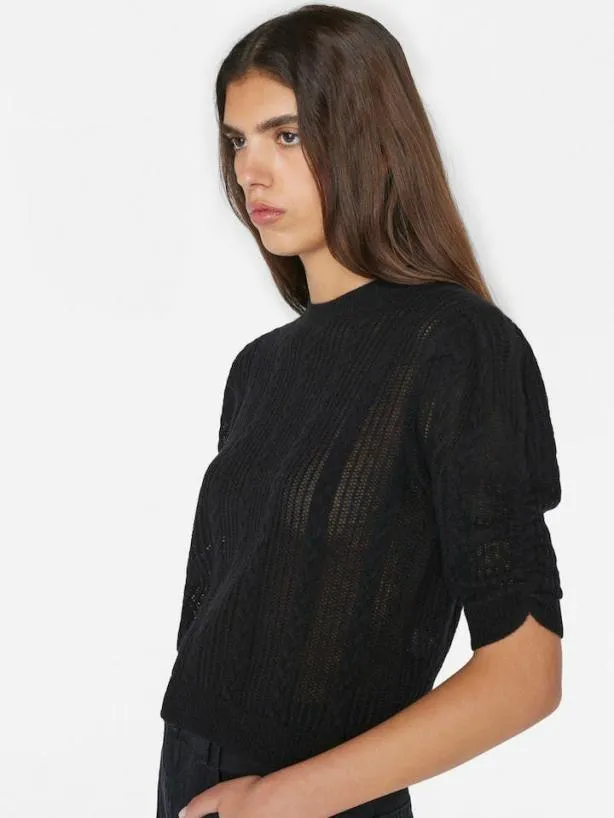 Frame Pointelle Cashmere Ruched Short Sleeve Sweater In Noir Noir Women Sweaters Frame Pointelle Cashmere Ruched Short Sleeve Sweater In Noir Noir Women Sweaters