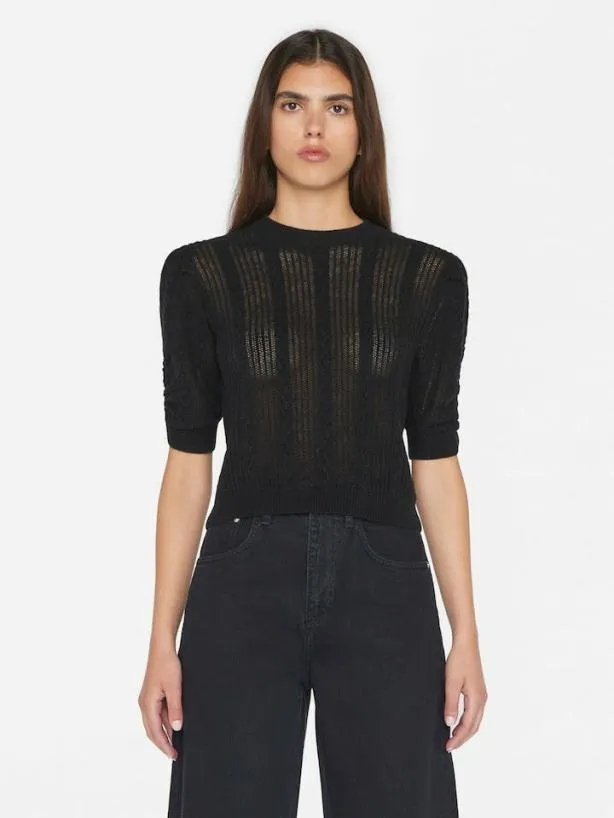 Frame Pointelle Cashmere Ruched Short Sleeve Sweater In Noir Noir Women Sweaters