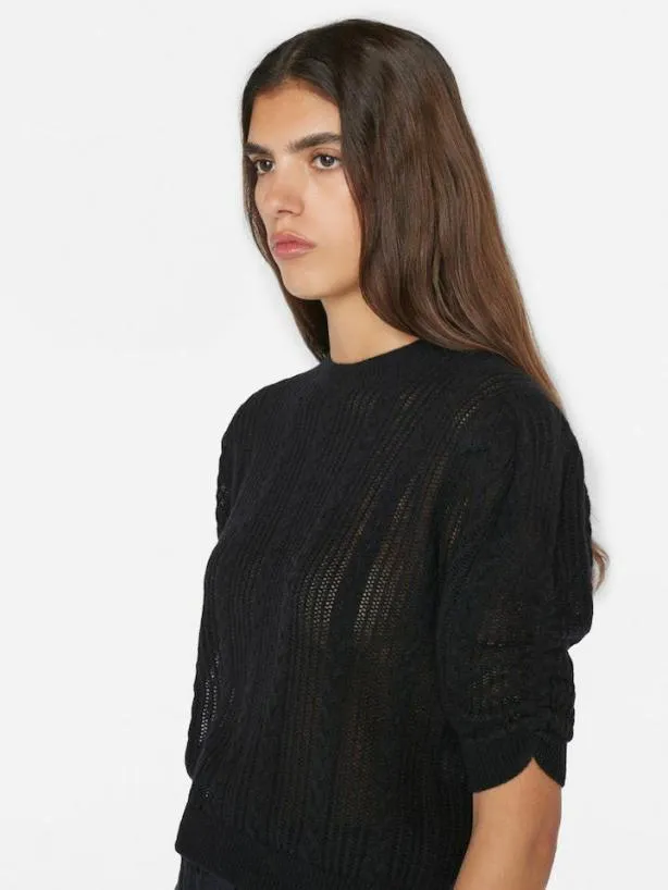 Frame Pointelle Cashmere Ruched Short Sleeve Sweater In Noir Noir Women Sweaters