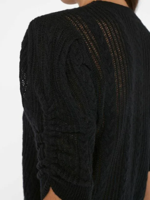 Frame Pointelle Cashmere Ruched Short Sleeve Sweater In Noir Noir Women Sweaters