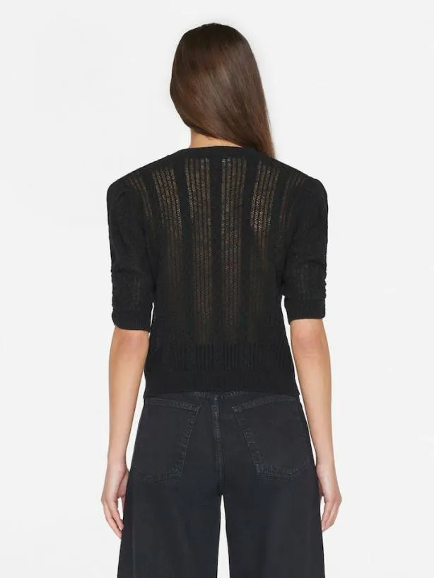 Frame Pointelle Cashmere Ruched Short Sleeve Sweater In Noir Noir Women Sweaters