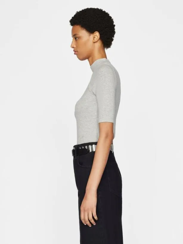 Frame Refined Rib Mock Neck In Gris Heather Gris Heather Women Tanks and Tees Frame Refined Rib Mock Neck In Gris Heather Gris Heather Women Tanks and Tees