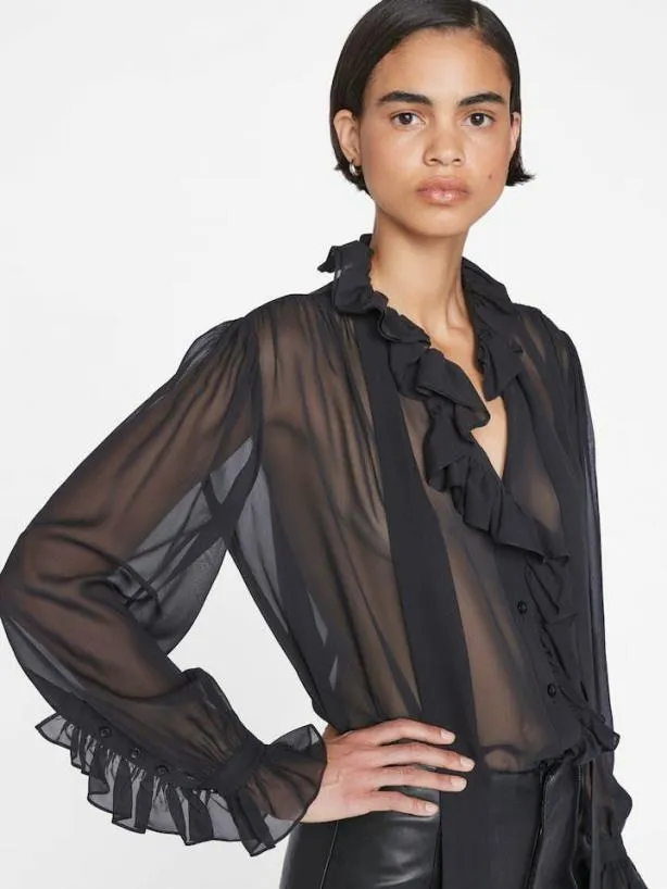 Frame Ruffle Front Button Up Shirt In Noir Noir Women Tops and Blouses Frame Ruffle Front Button Up Shirt In Noir Noir Women Tops and Blouses