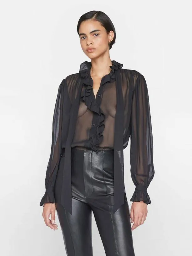 Frame Ruffle Front Button Up Shirt In Noir Noir Women Tops and Blouses Frame Ruffle Front Button Up Shirt In Noir Noir Women Tops and Blouses