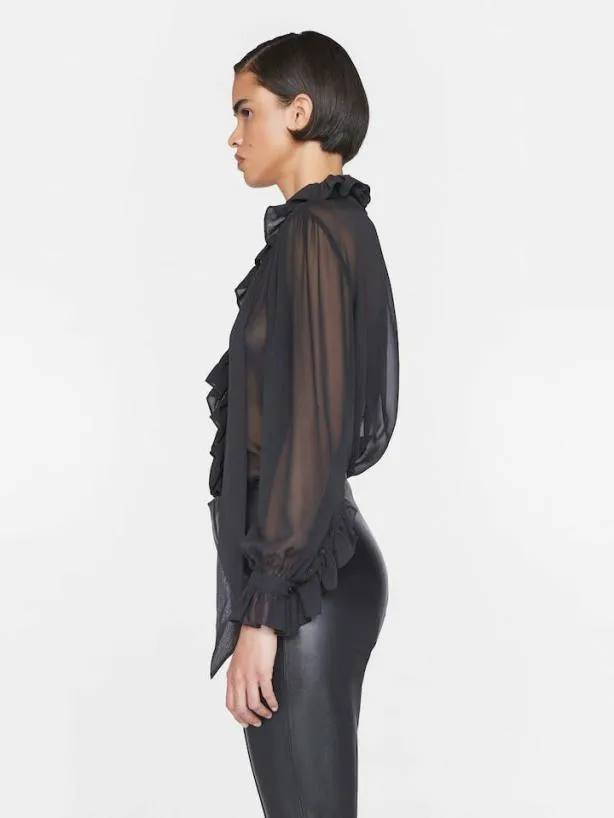 Frame Ruffle Front Button Up Shirt In Noir Noir Women Tops and Blouses Frame Ruffle Front Button Up Shirt In Noir Noir Women Tops and Blouses
