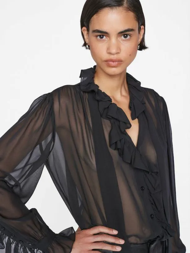 Frame Ruffle Front Button Up Shirt In Noir Noir Women Tops and Blouses Frame Ruffle Front Button Up Shirt In Noir Noir Women Tops and Blouses