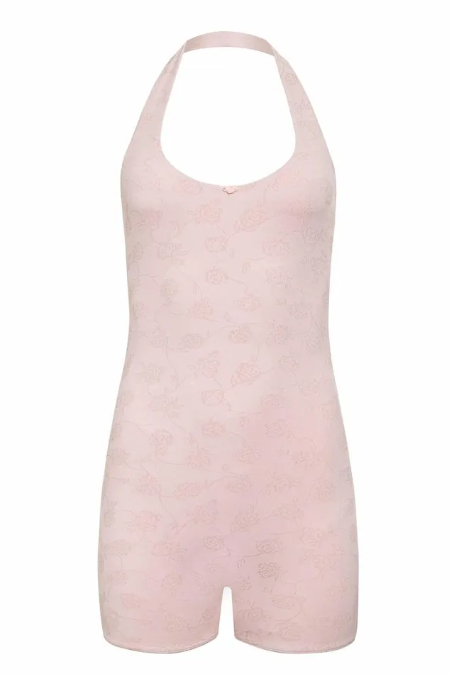 Frankies Bikinis Aurora Halter Bodysuit Pink Petals Women Active