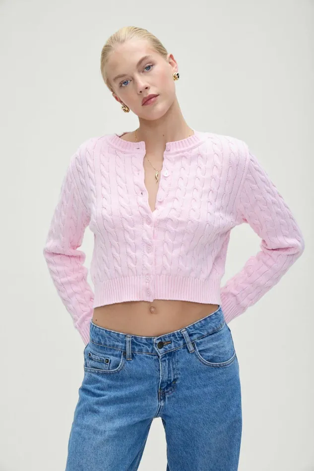Frankies Bikinis Dudley Cable Knit Cardigan Cozy Pink Women Tops