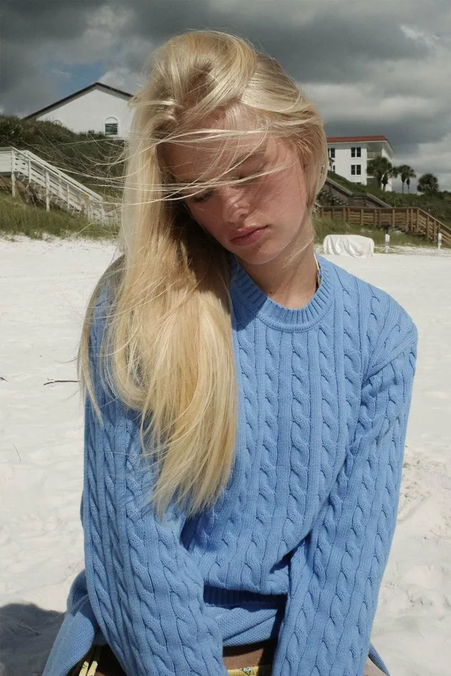 Frankies Bikinis Varsity Cable Knit Sweater Blue Moon Women Cloud Knits