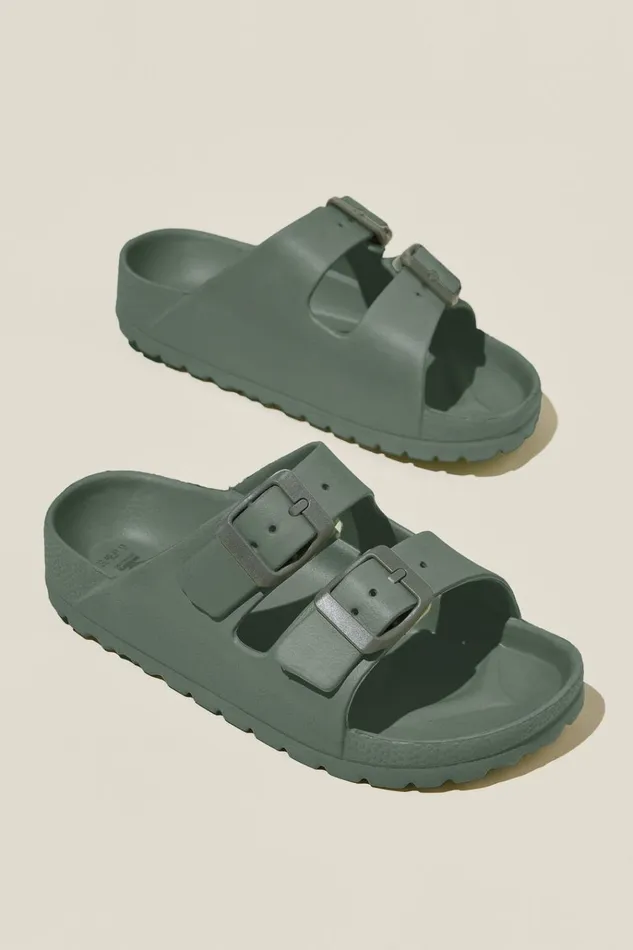 GirlsBoys Flats and Sandals Cotton On Twin Strap Slide Swag Green GirlsBoys Flats and Sandals Cotton On Twin Strap Slide Swag Green