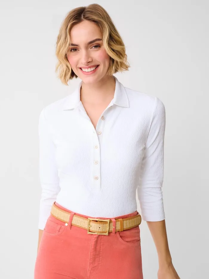JMclaughlin Court 34 Sleeve Polo In Riptide Jacquard White Women Shirts and Tops
