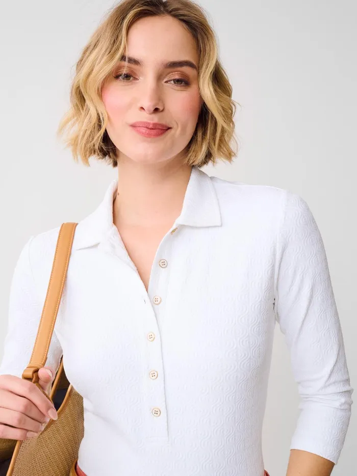 JMclaughlin Court 34 Sleeve Polo In Riptide Jacquard White Women Shirts and Tops