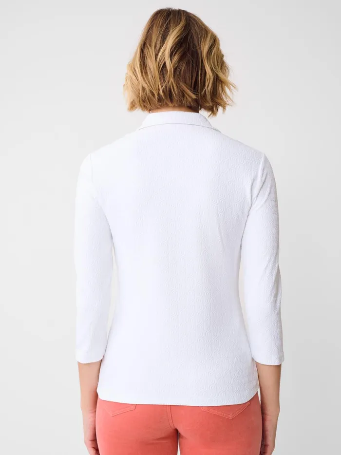 JMclaughlin Court 34 Sleeve Polo In Riptide Jacquard White Women Shirts and Tops