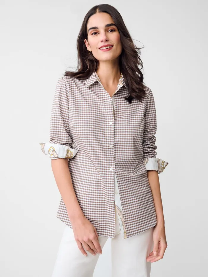 JMclaughlin Lois Shirt In Gingham Toffeewhite Women Shirts and Tops