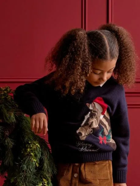 Jumpers and Knitwear Girls Joules Navy Blue Intarsia Artwork Jumper