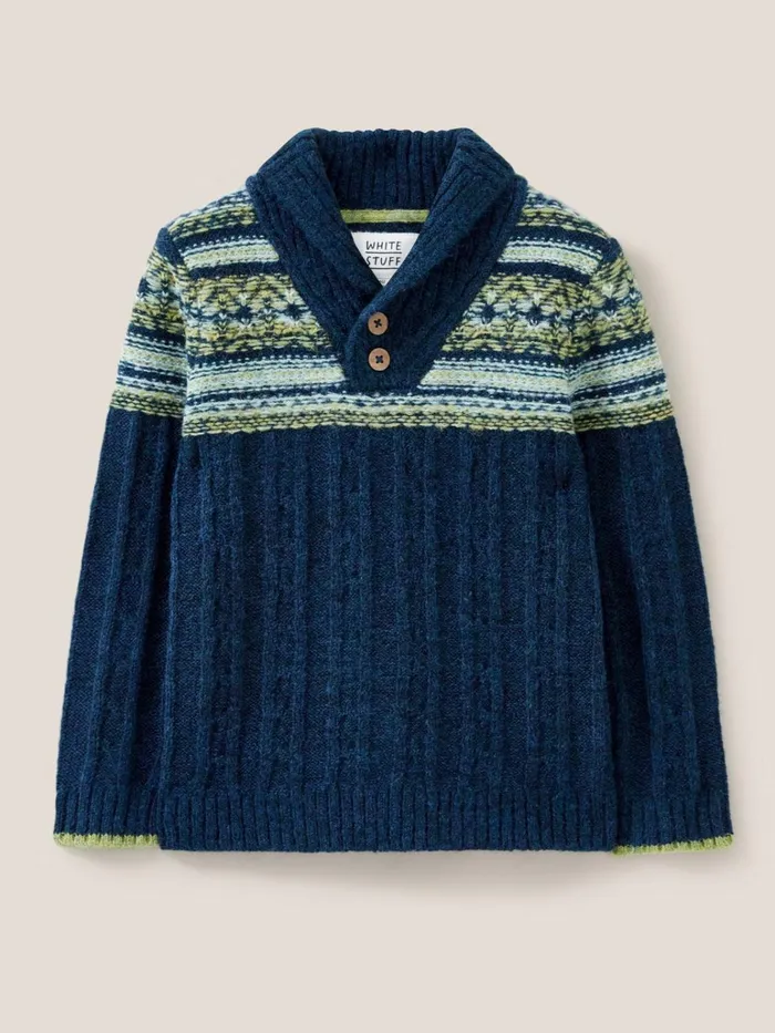 Kids White Stuff Knitwear Fairisle Shawl Neck Jumper Teal Multi
