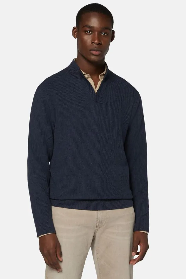 Knitwear Men Boggi Milano Indigo Cotton Open Neck Jumper Indigo Knitwear Men Boggi Milano Indigo Cotton Open Neck Jumper Indigo