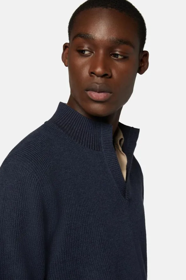Knitwear Men Boggi Milano Indigo Cotton Open Neck Jumper Indigo Knitwear Men Boggi Milano Indigo Cotton Open Neck Jumper Indigo