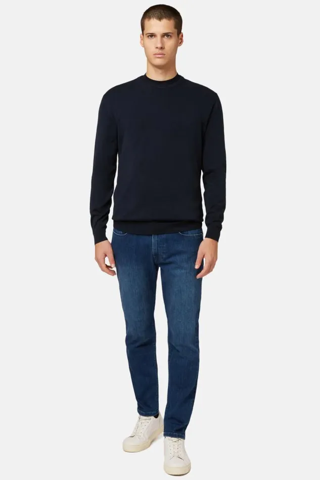 Knitwear Men Boggi Milano Navy Roundneck Pima Cotton Sweater Navy Blue