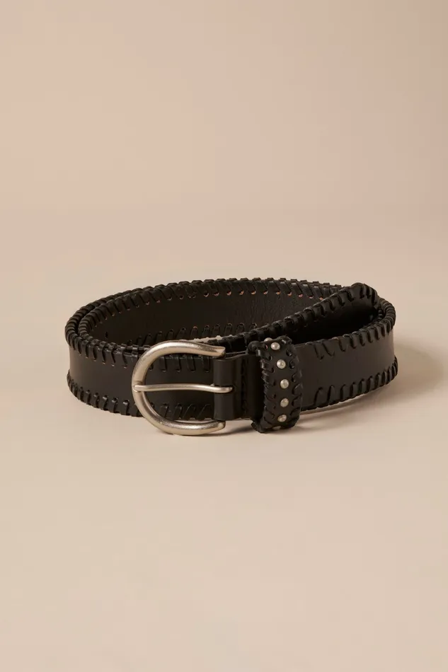 Laced Leather Belt With Metal Studded Keeper Black Women Lucky Brand Belts