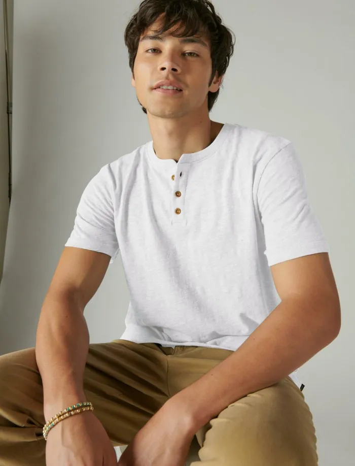 Linen Short Sleeve Henley Bright White Men Lucky Brand Shirts and Tops