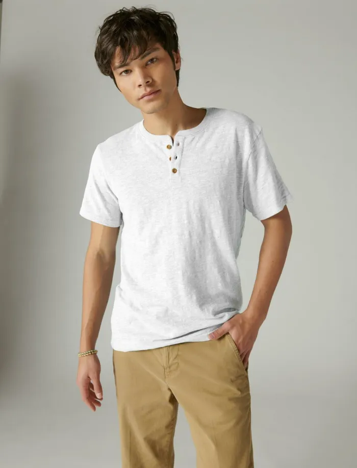 Linen Short Sleeve Henley Bright White Men Lucky Brand Shirts and Tops