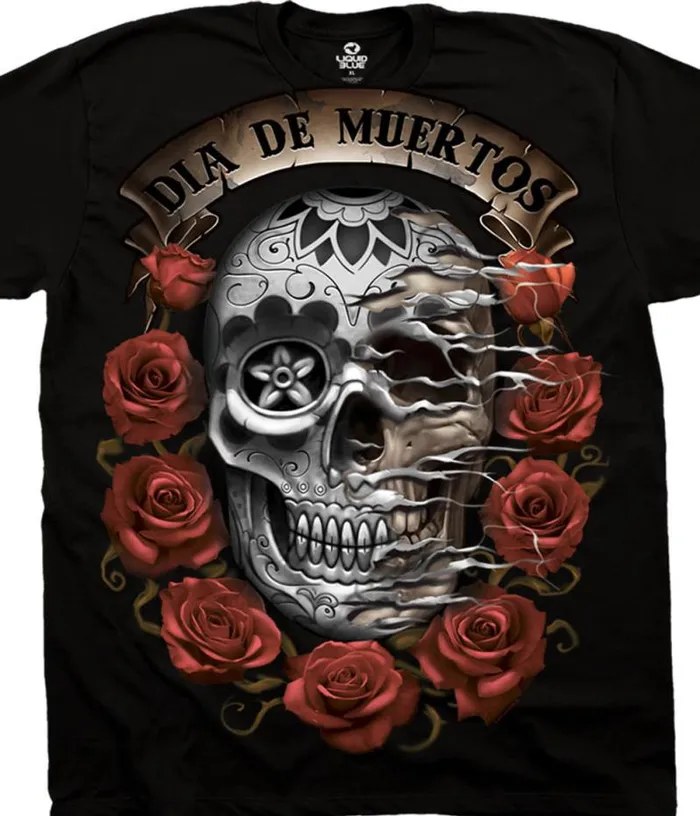 Liquid Blue TShirt Men Dia De Muertos Skull Black TShirt