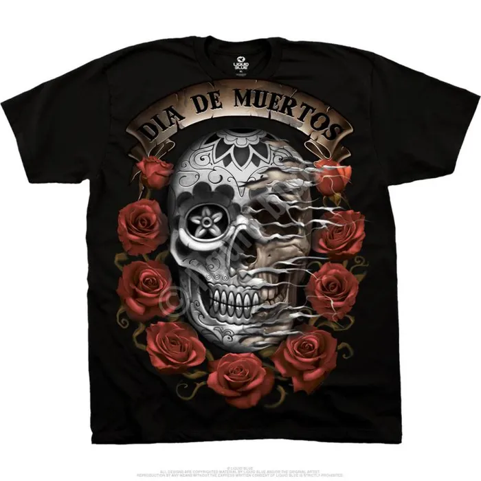 Liquid Blue TShirt Men Dia De Muertos Skull Black TShirt