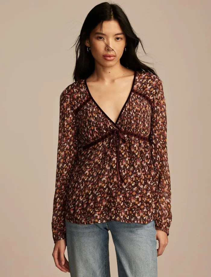Long Sleeve Ruffle Bodice Top Cinnamon Multi Floral Women Lucky Brand Blouses