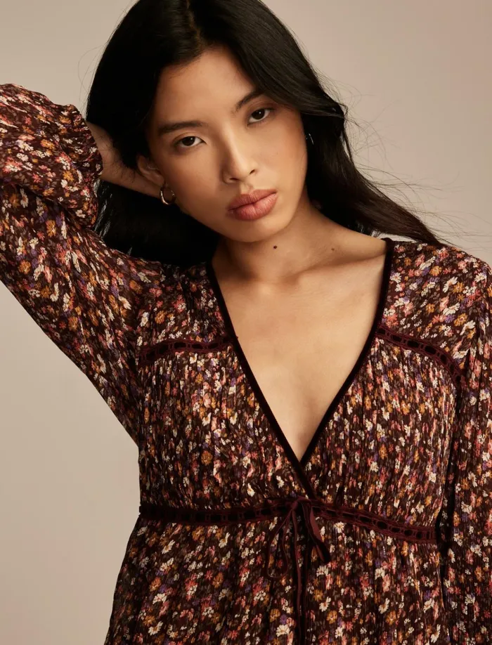 Long Sleeve Ruffle Bodice Top Cinnamon Multi Floral Women Lucky Brand Blouses