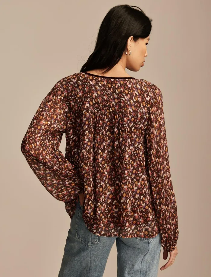Long Sleeve Ruffle Bodice Top Cinnamon Multi Floral Women Lucky Brand Blouses