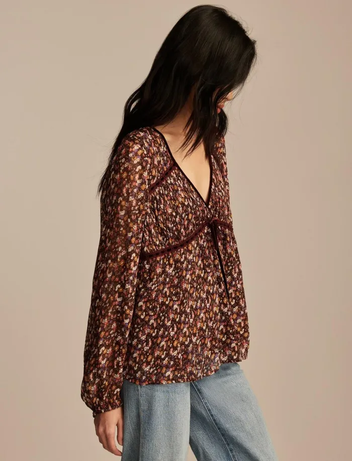 Long Sleeve Ruffle Bodice Top Cinnamon Multi Floral Women Lucky Brand Blouses