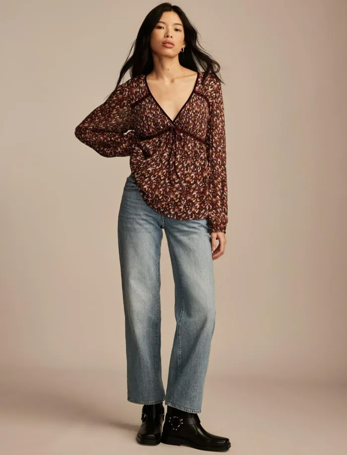Long Sleeve Ruffle Bodice Top Cinnamon Multi Floral Women Lucky Brand Blouses
