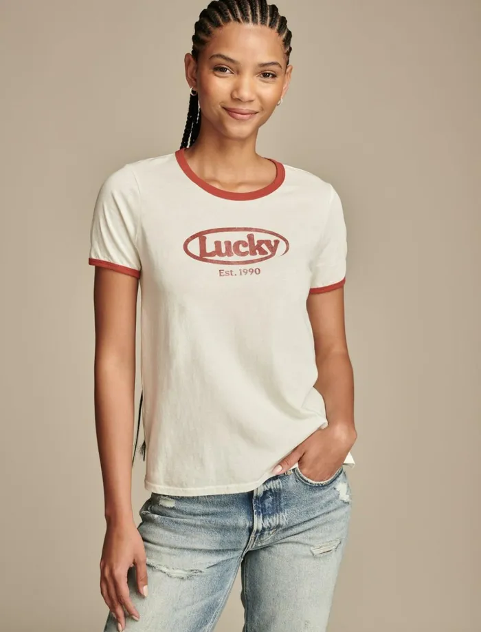 Lucky Logo Classic Crew Ringer Lilly White Women Lucky Brand Graphic Tees
