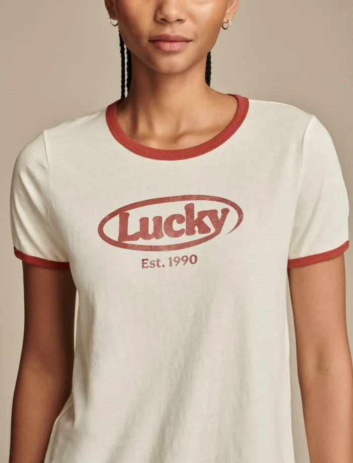 Lucky Logo Classic Crew Ringer Lilly White Women Lucky Brand Graphic Tees