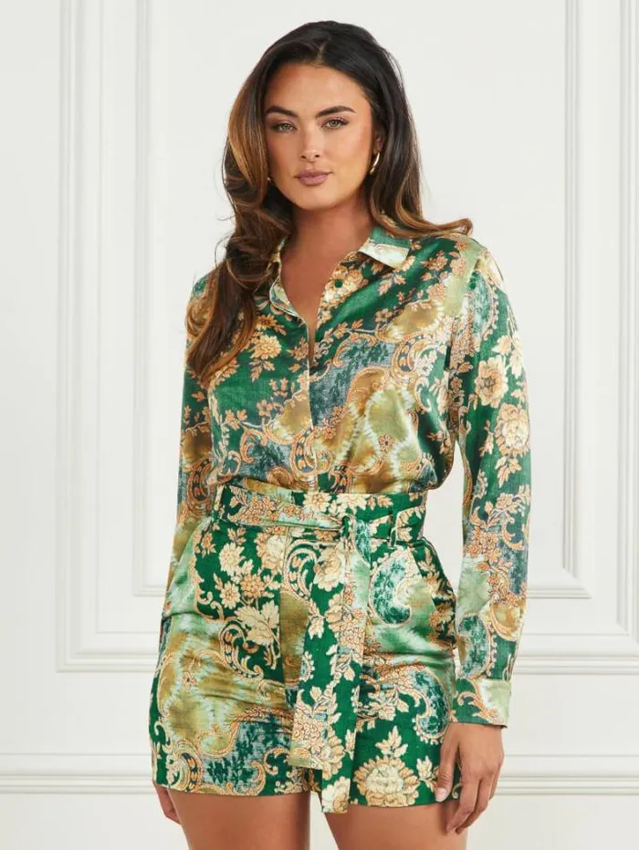Marciano Icon Printed Satin Blouse Heirloom Print Women Tops And Sweaters