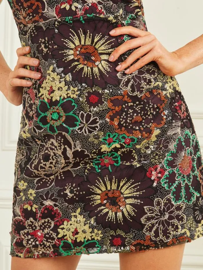 Marciano Melina Short Floral Dress Jet Black Multi Women Dresses Marciano Melina Short Floral Dress Jet Black Multi Women Dresses