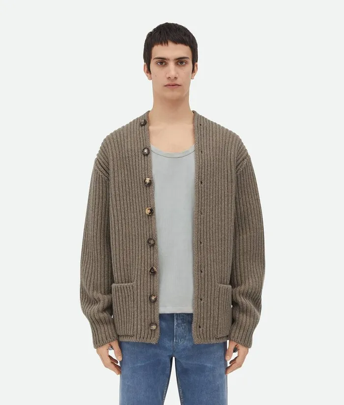 Men Bottega Veneta Knitwear Wool And Cashmere English Rib Cardigan Sand Melange Men Bottega Veneta Knitwear Wool And Cashmere English Rib Cardigan Sand Melange